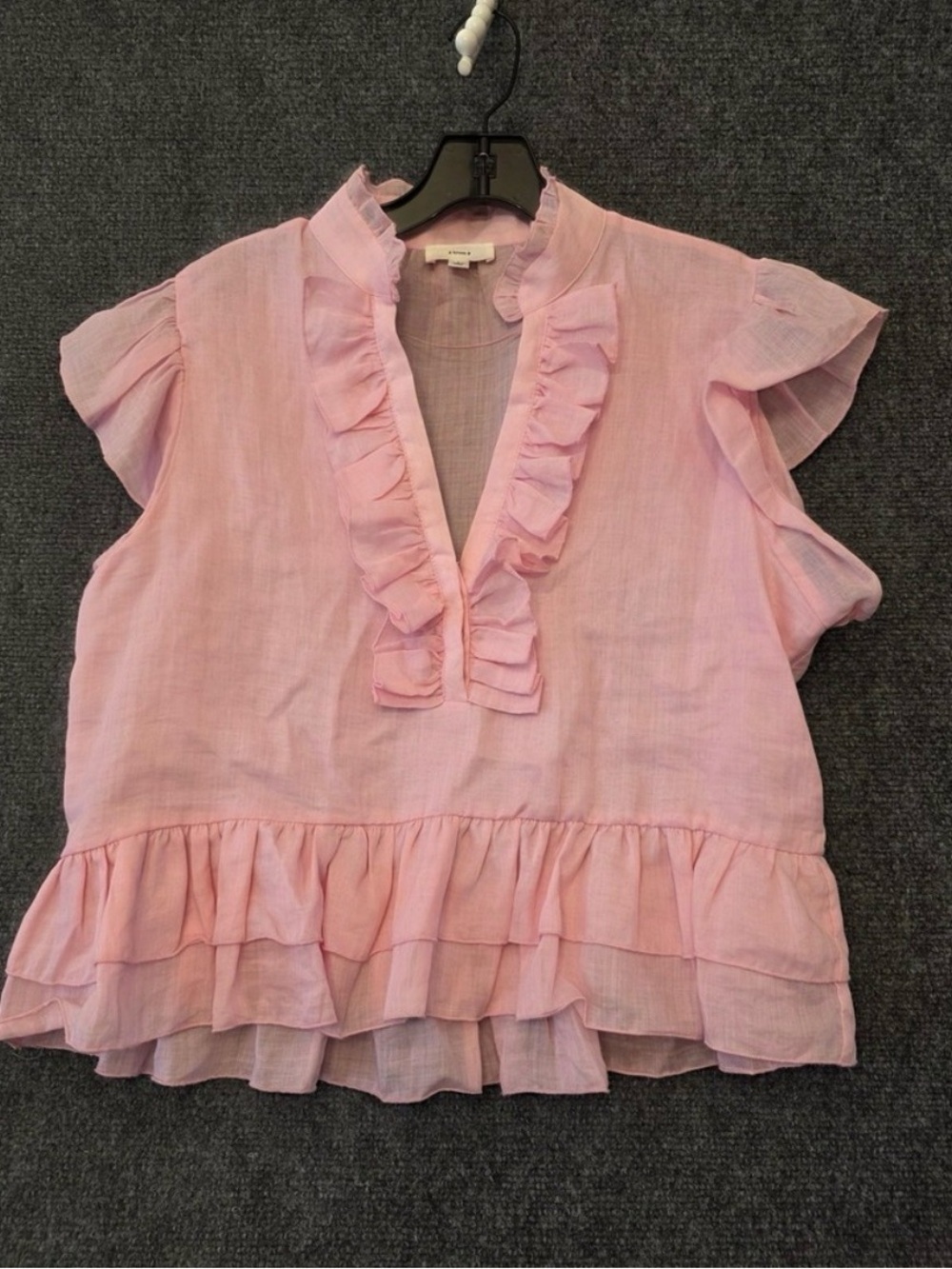 A Loves A - Ruffle-Trim Pink V-Neck Linen-Blend Blouse